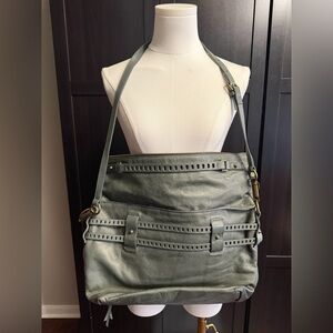JOELLE HAWKENS Vntg Green Leather Bag Satchel Purse Studded Tassel Zips Hobo